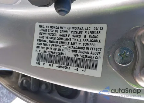 2012 Honda Civic Ex from USA, damaged, VIN 19XFB2F80CE065827
